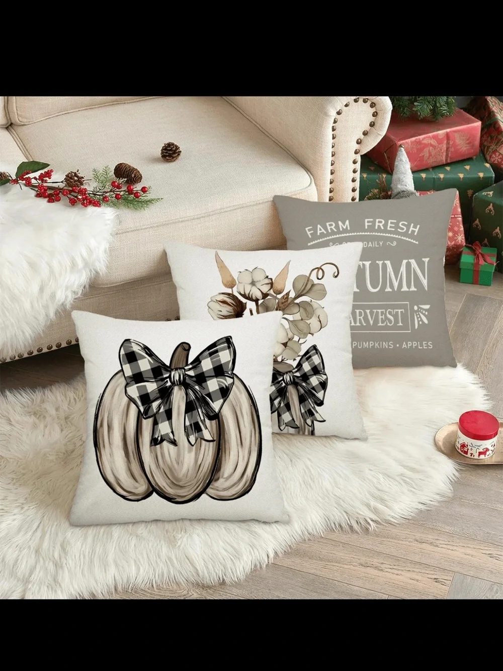 NWT- Fall Pumpkin Decorative LINEN Throw Pillow Covers Set of 4- 18x18